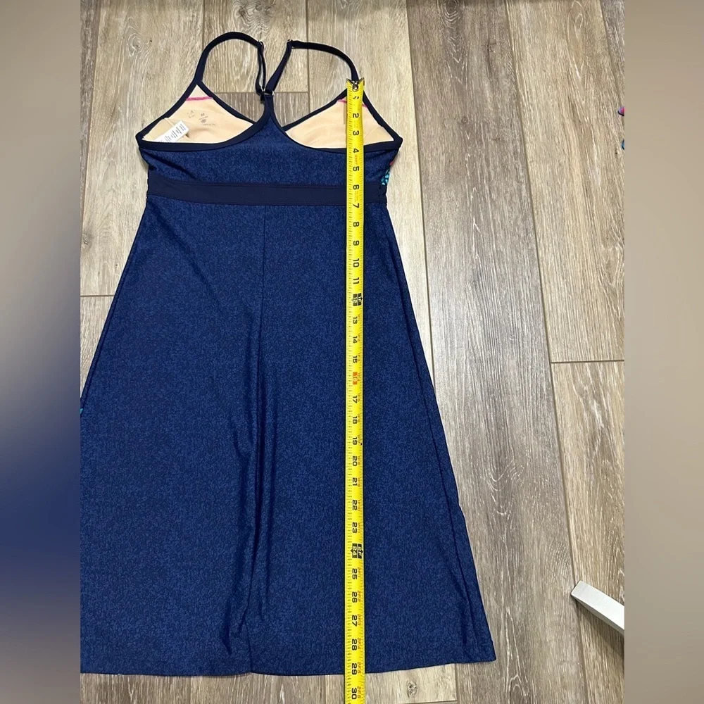 #4) Athleta navy blue with multi color floral dress with under bra size XS